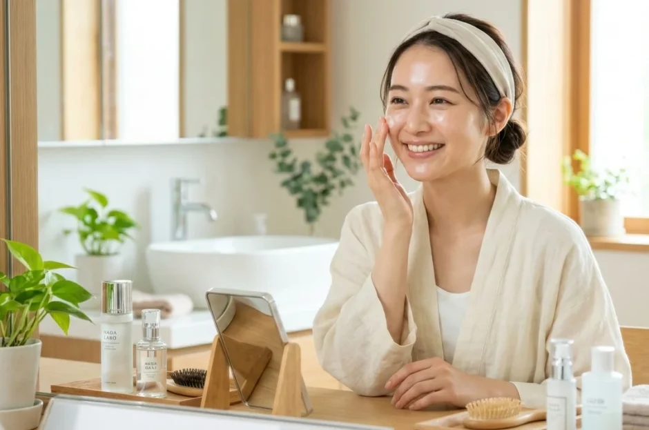 自分の頬に触れる女性