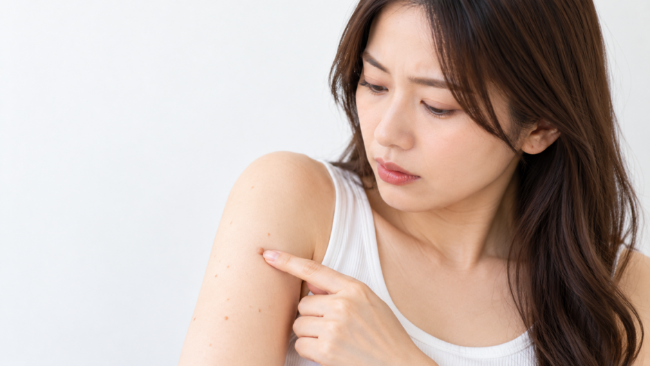 腕にできたデキモノを気にして触れる女性