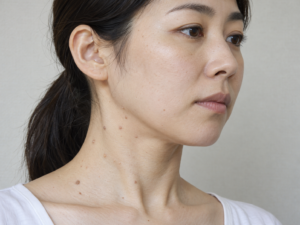 首にイボが複数ある女性
